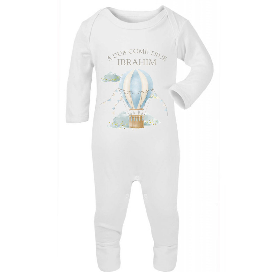 Personalised Muslim New Baby Boy Sleepsuit. A Dua Come True Hot Air Balloon