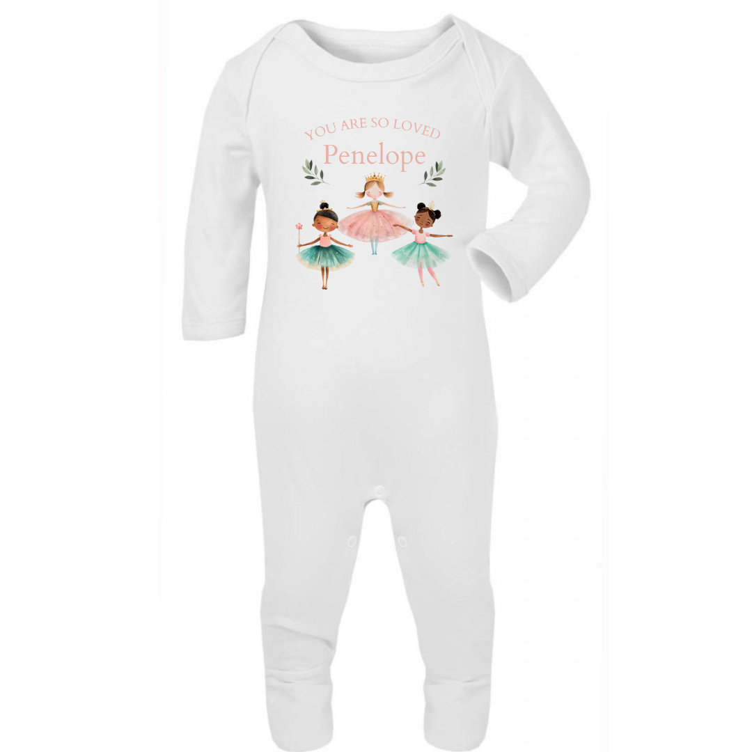 Personalised Baby Sleepsuit. You Are So Loved - Ballerina Design