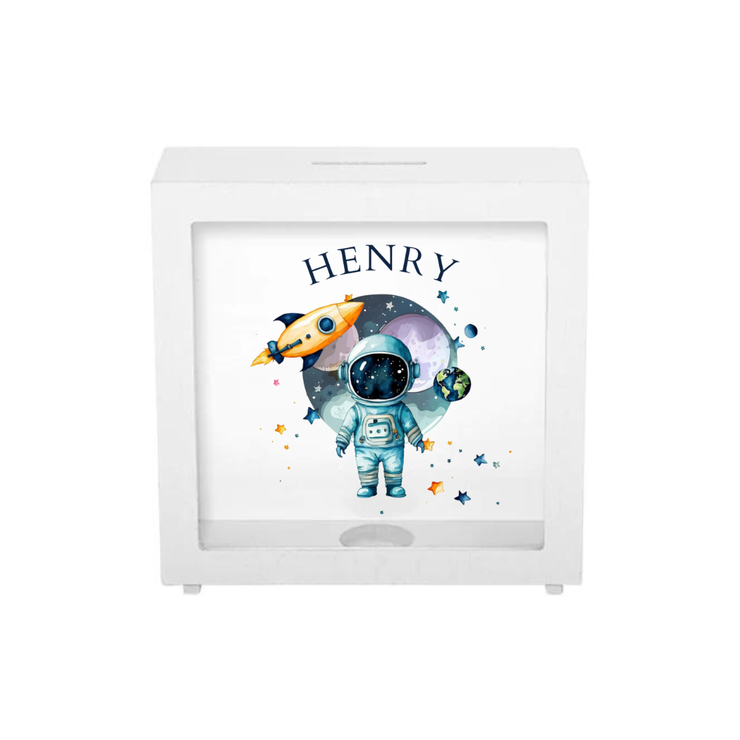 Personalised White Wooden Shadow Money Box - Space Design