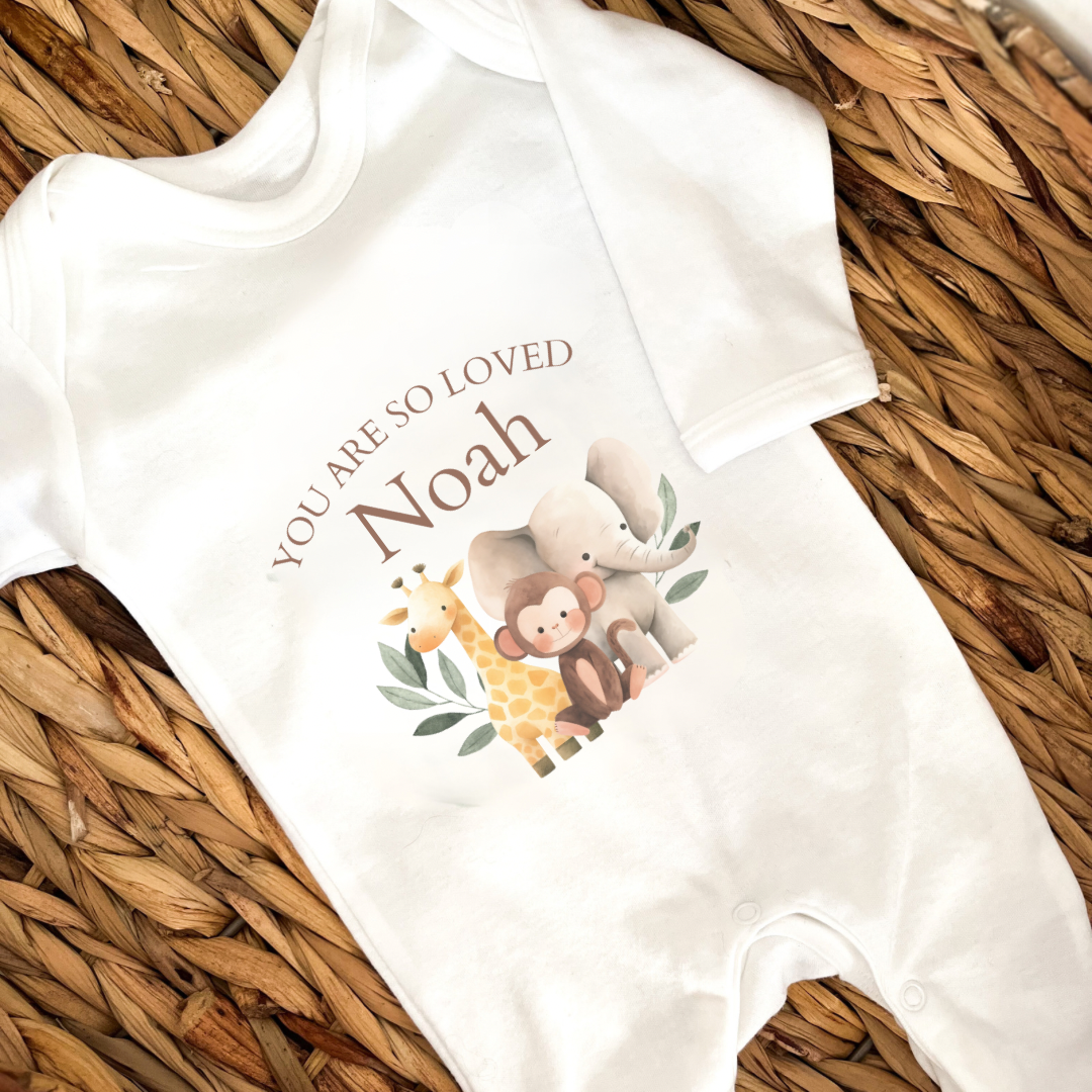 Personalised Baby Sleepsuit. You Are So Loved - Safari Design