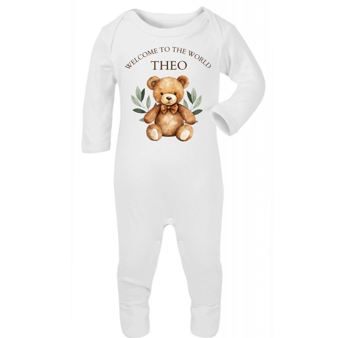 Personalised New Baby  Sleepsuit. Welcome to the World Teddy Bear