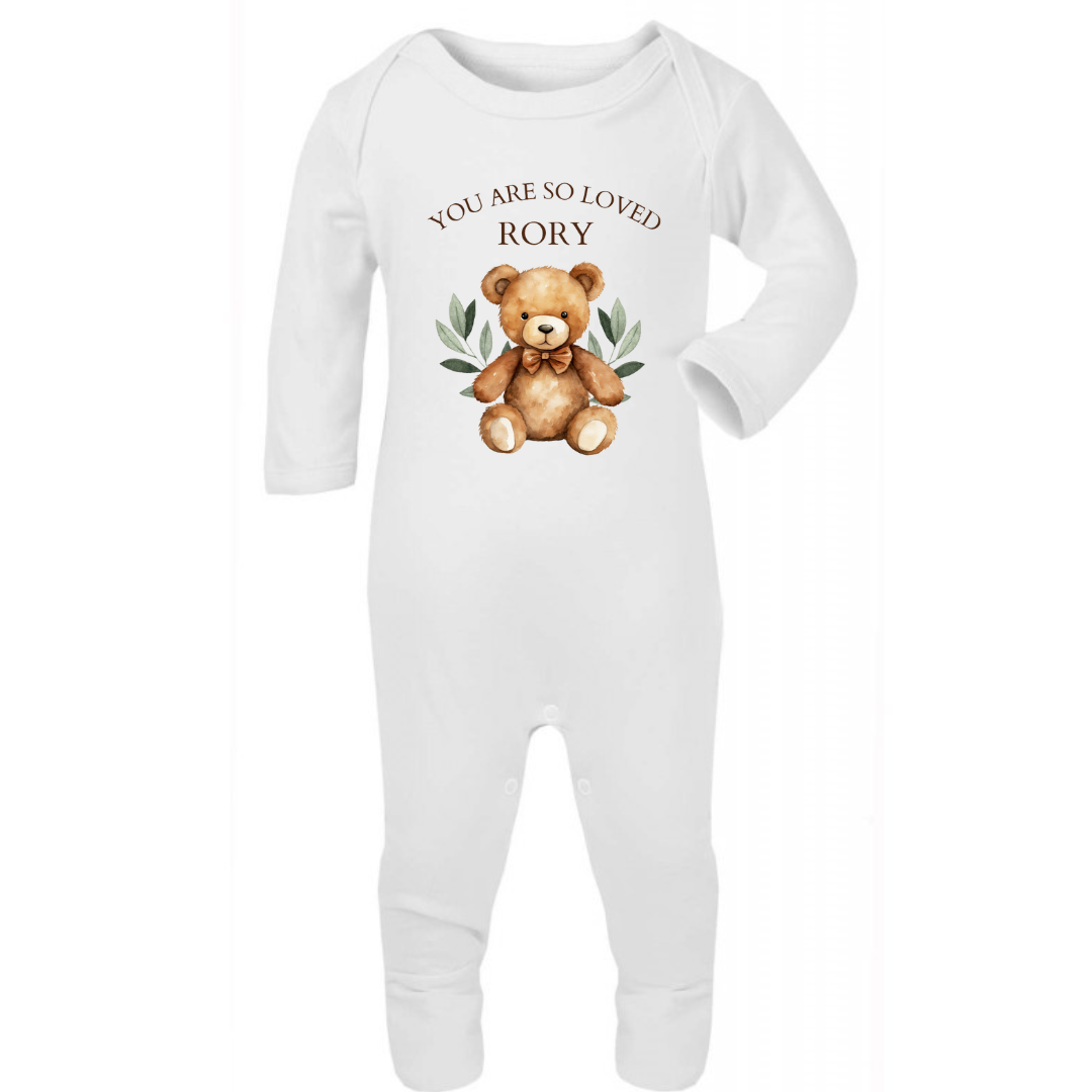 Personalised Baby Sleepsuit. You Are So Loved - Teddy Bear Design