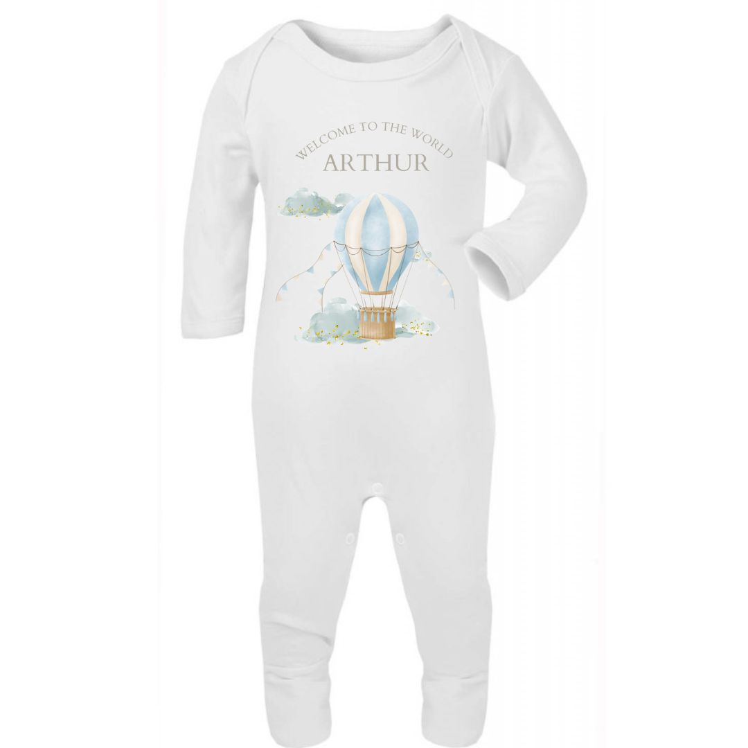 Personalised New Baby Boy Sleepsuit. Welcome to the World Hot Air Balloon