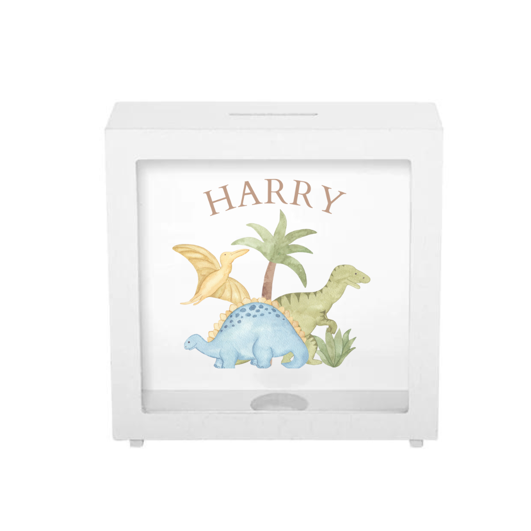 Personalised White Wooden Shadow Money Box - Dinosaur Design