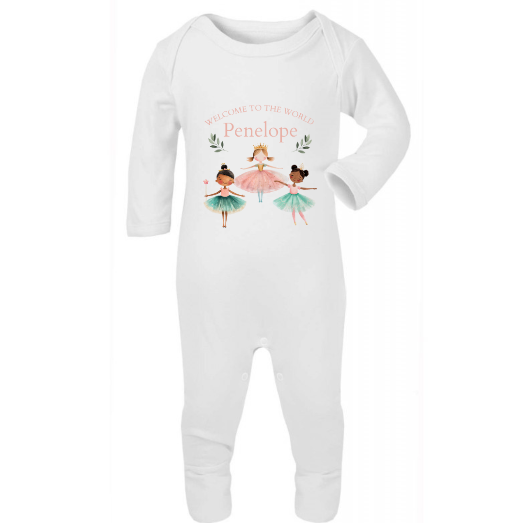 Personalised New Baby  Sleepsuit. Welcome to the World Ballerinas