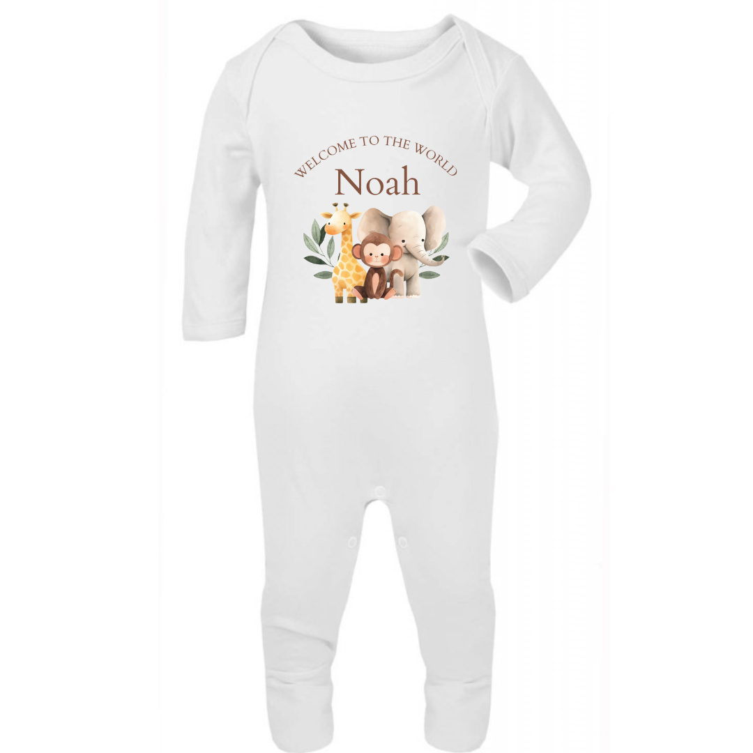 Personalised New Baby  Sleepsuit. Welcome to the World Safari Design