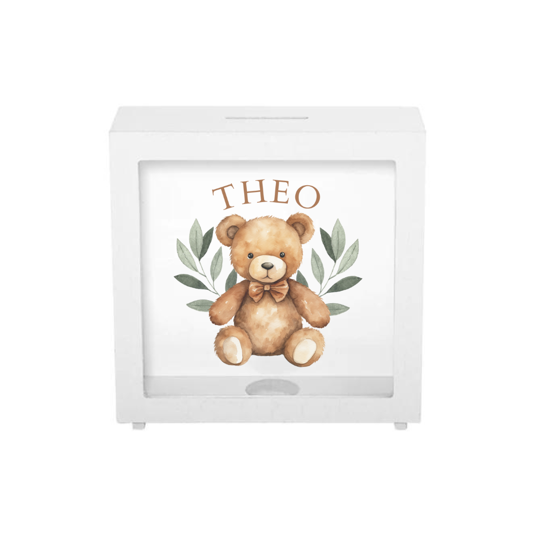 Personalised White Wooden Shadow Money Box - Teddy Bear Design