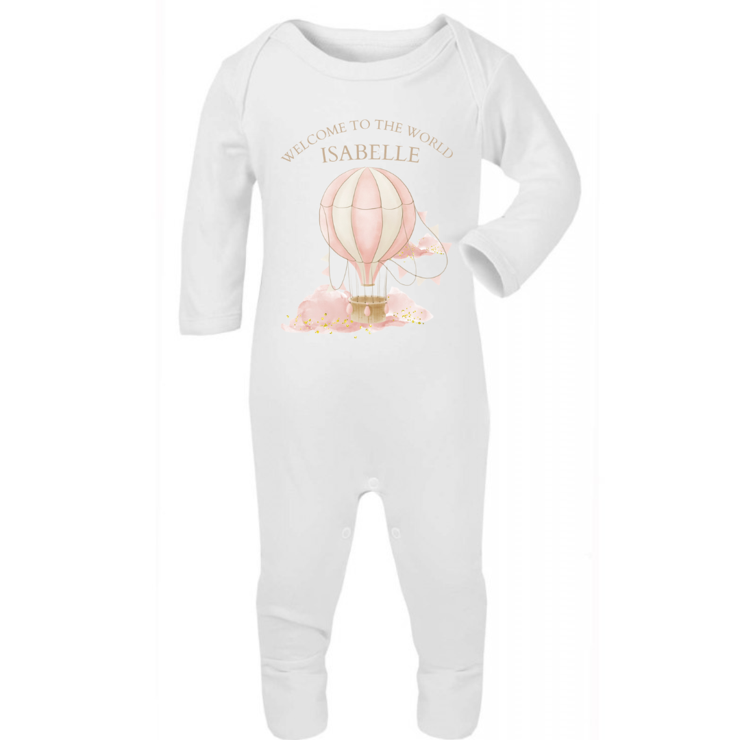 Personalised New Baby Girl Sleepsuit. Welcome to the World Hot Air Balloon