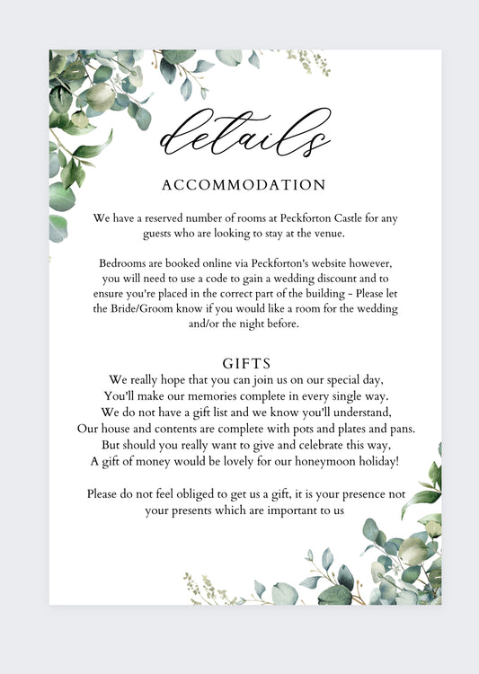 - Eucalyptus Wedding Invitations- A6 Information Card