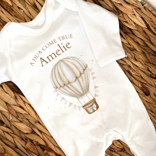 Personalised Muslim New Baby Sleepsuit. A Dua Come True Hot Air Balloon Neutral