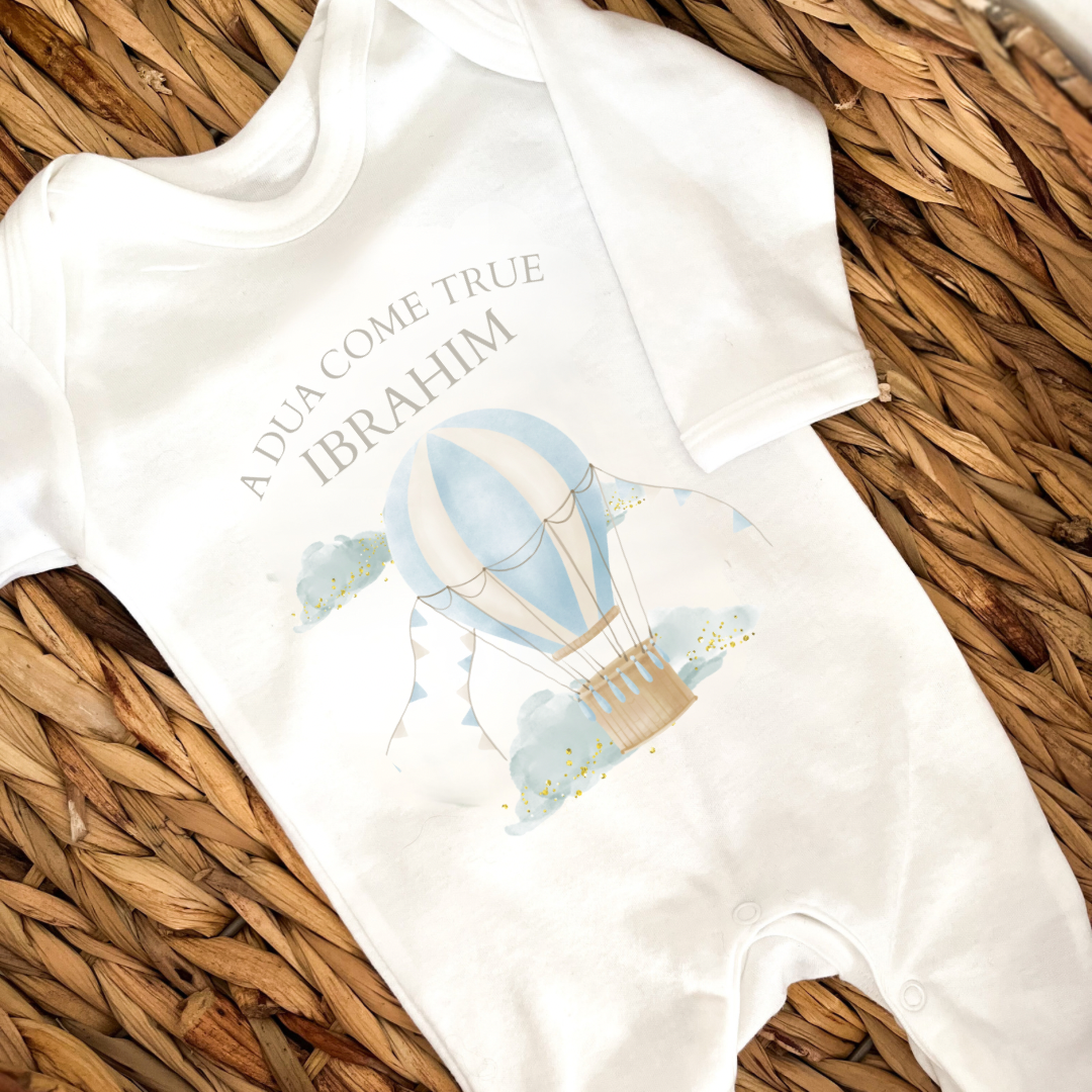 Personalised Muslim New Baby Boy Sleepsuit. A Dua Come True Hot Air Balloon