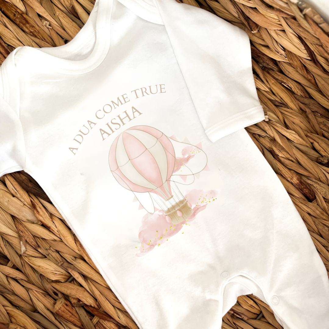 Personalised Muslim New Baby Girl Sleepsuit. A Dua Come True Hot Air Balloon
