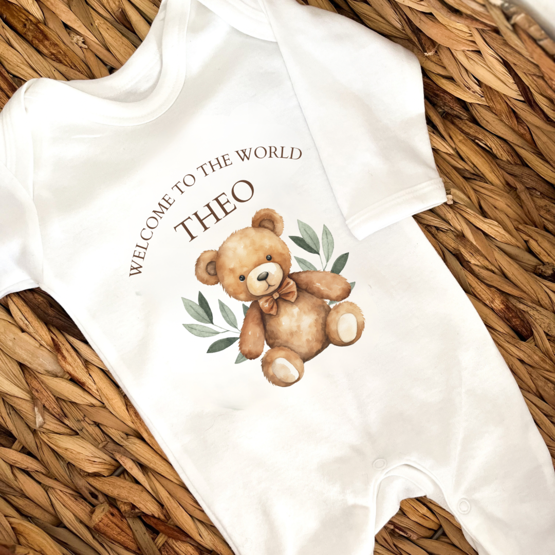 Personalised New Baby  Sleepsuit. Welcome to the World Teddy Bear